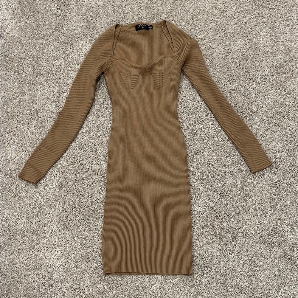 Chic Long Sleeve Tan Knit Dress